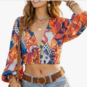 Love By Design Multicolor Cropped Deep V Top — Orange & Blue Accents